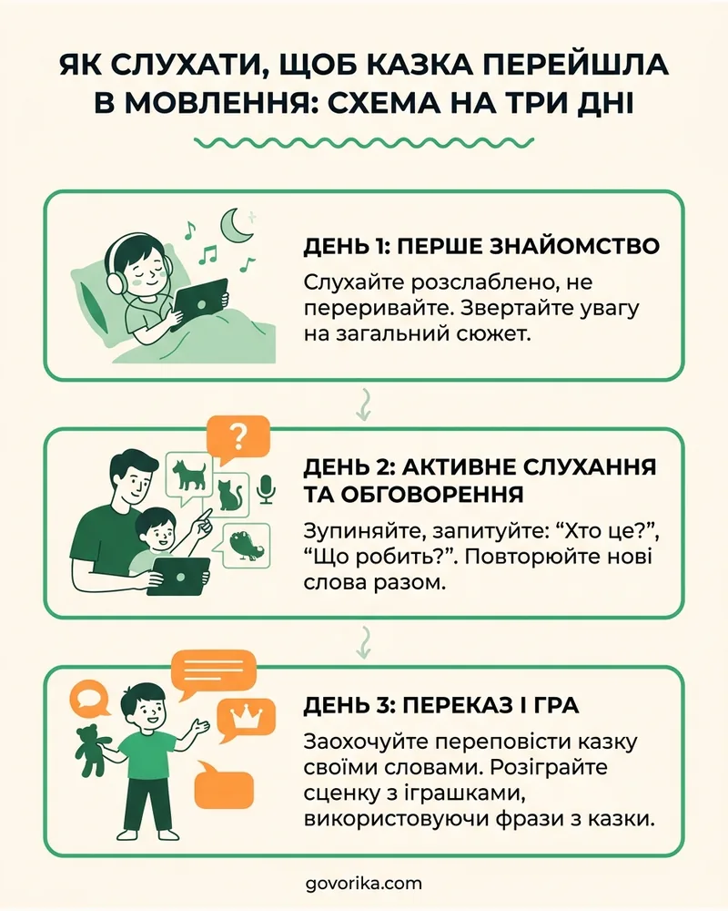 Як слухати, щоб казка перейшла в мовлення: схема на три дні — інфографіка