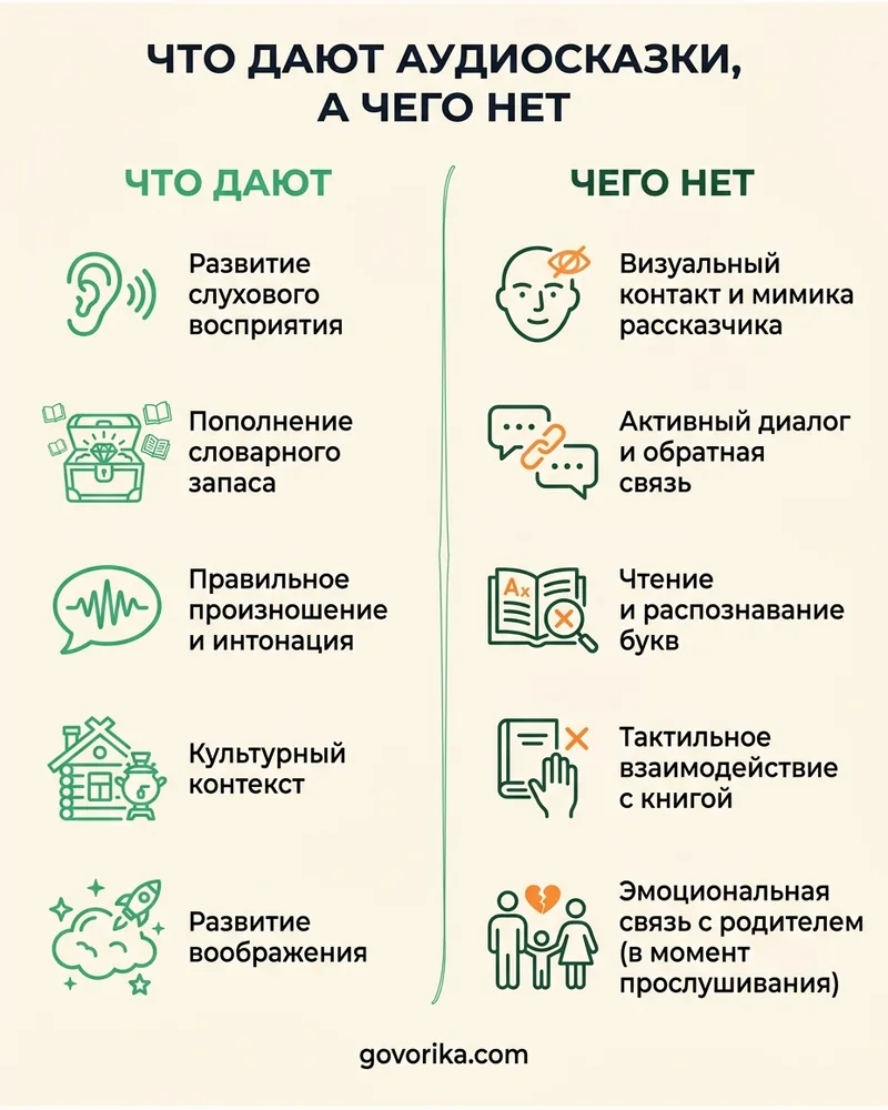 Что дают аудиосказки, а чего нет — инфографика
