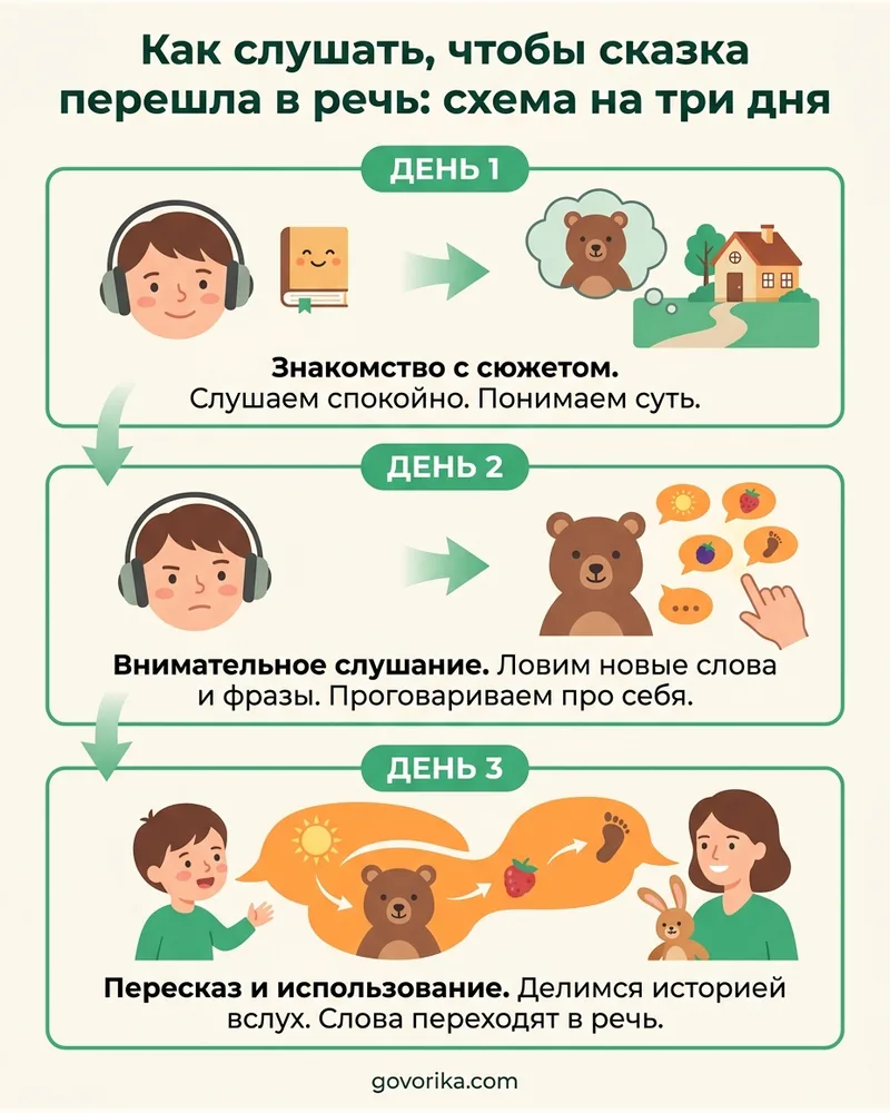 Как слушать, чтобы сказка перешла в речь: схема на три дня — инфографика