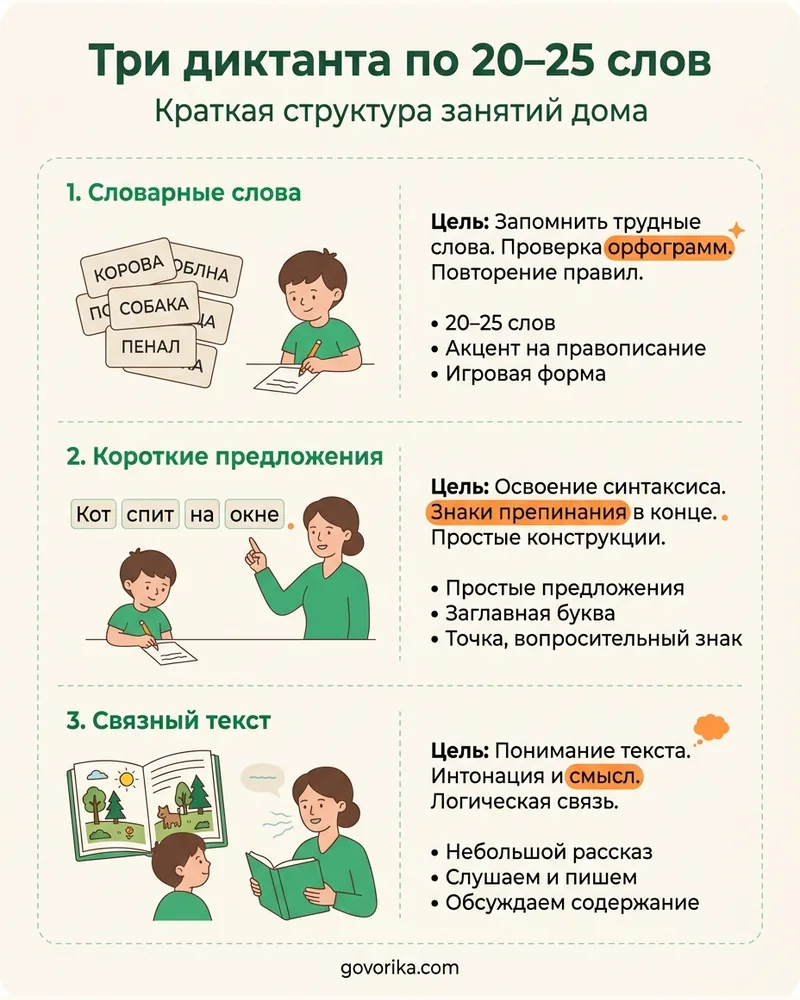 Три диктанта по 20–25 слов — инфографика