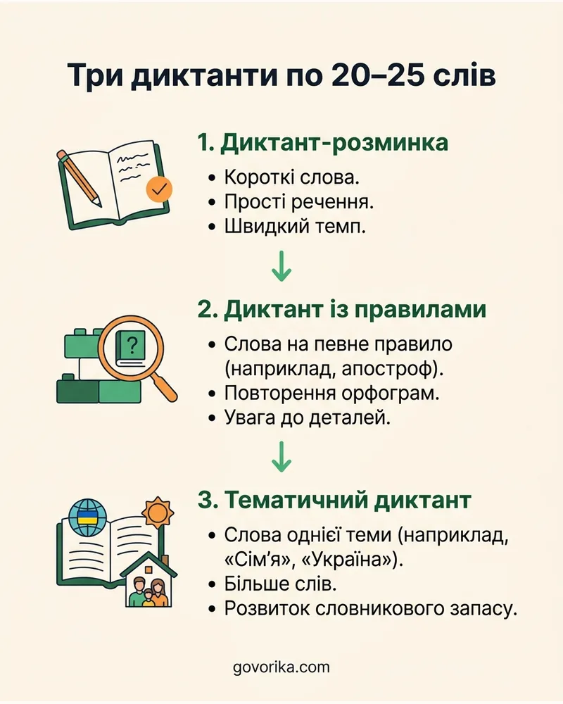 Три диктанти по 20–25 слів — інфографіка