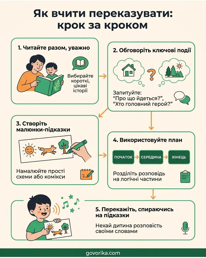 Як вчити переказувати: крок за кроком — інфографіка