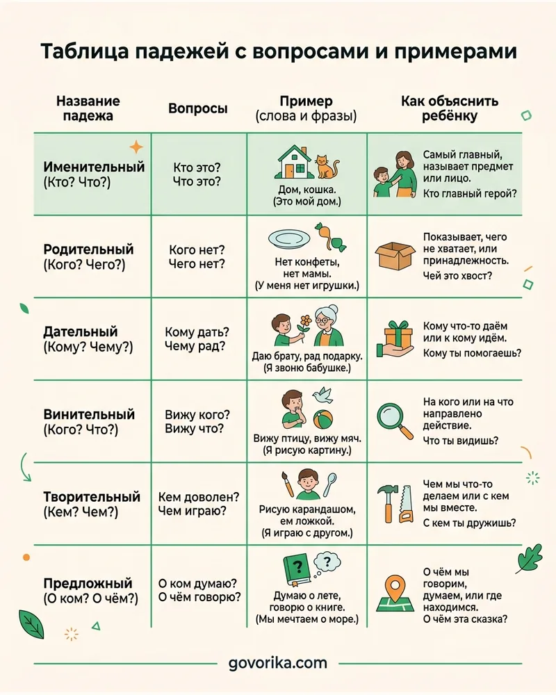 Таблица падежей с вопросами и примерами — инфографика