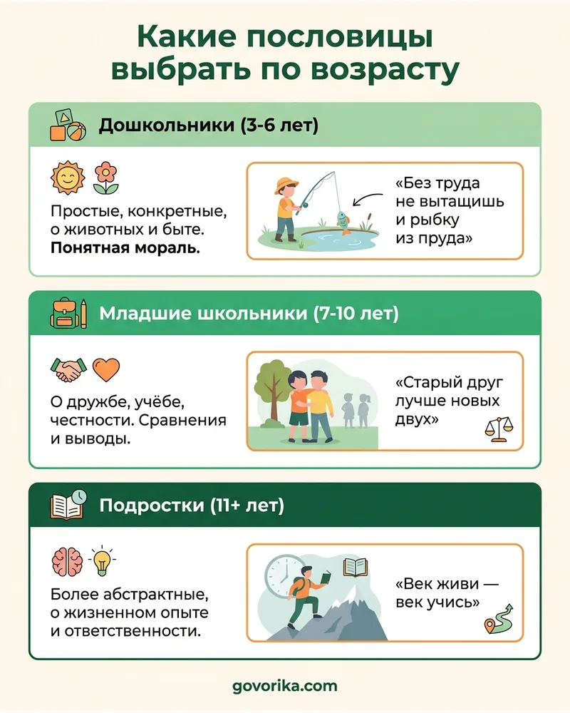 Какие пословицы выбрать по возрасту — инфографика