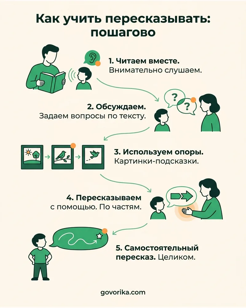 Как учить пересказывать: пошагово — инфографика