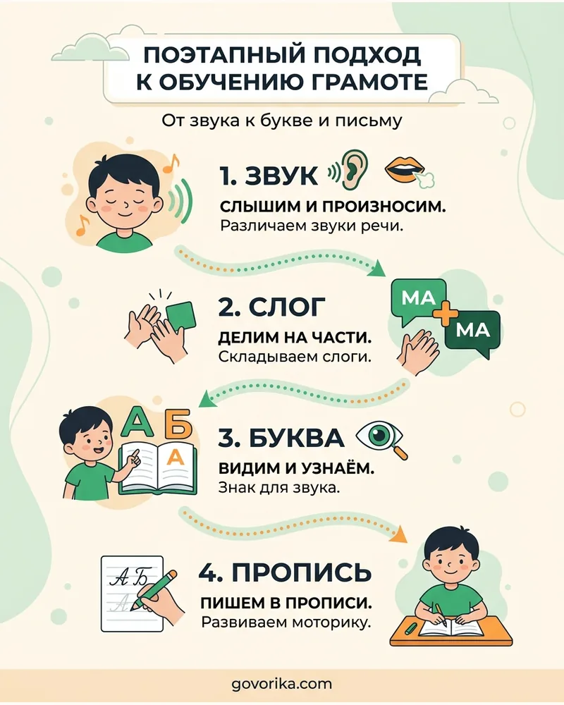 Порядок: звук, слог, буква, пропись — инфографика