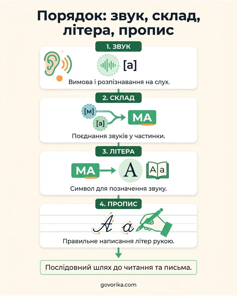 Порядок: звук, склад, літера, пропис — інфографіка