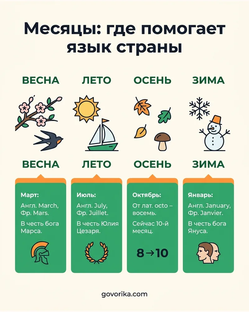 Месяцы: где помогает язык страны — инфографика