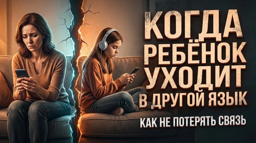 Мама и дочь-подросток сидят рядом, каждая в своём телефоне, между ними трещина — иллюстрация потери эмоциональной связи