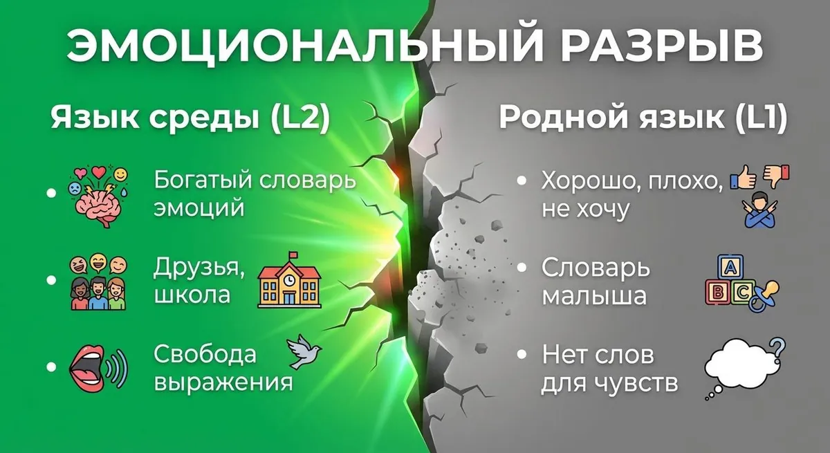 Эмоциональный разрыв: богатый словарь на L2 vs примитивный на L1